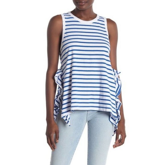 Current/Elliott The Side Slit Ruffle Tank Top Bright Blue  / White ( 1 ) - Picture 3 of 3